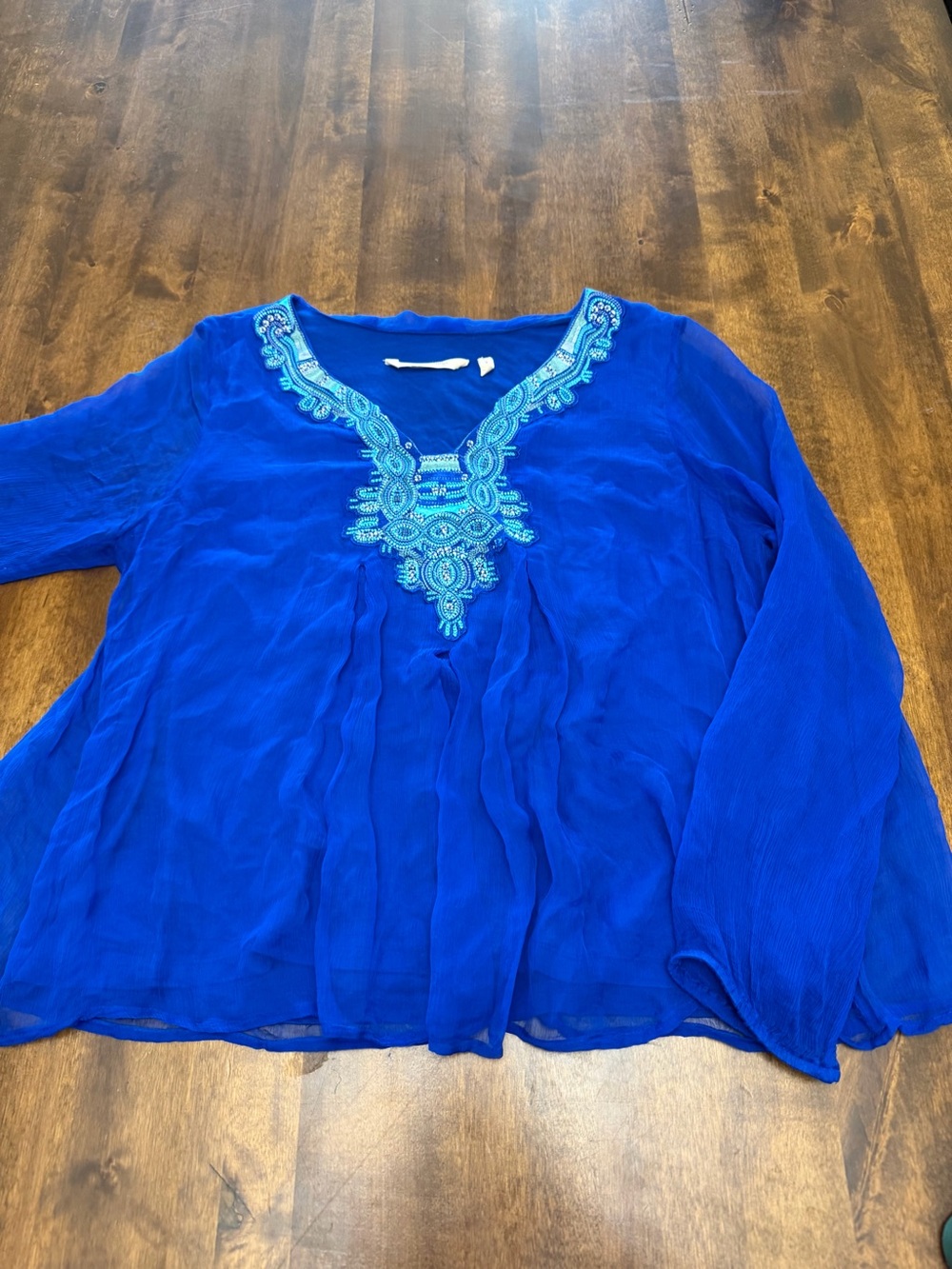 Soft Surroundings Royal Blue Beaded Embroidered Crinkle Blouse Womens S Boho Top